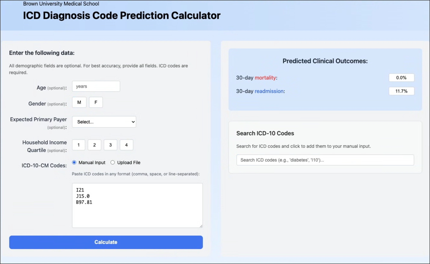 Web calculator interface with demographics.