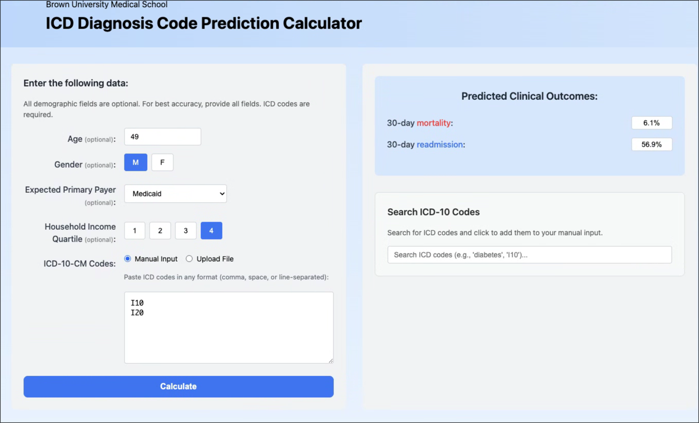 Web calculator interface without demographics.